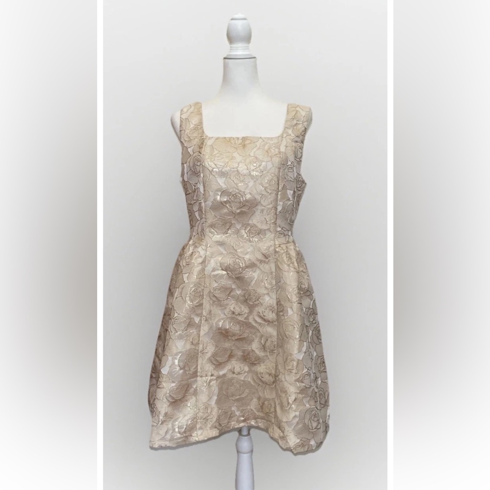 NWT SHE+SKY Floral Party Dress Jacquard Rose Gold & Cream Sz S Lined Mini